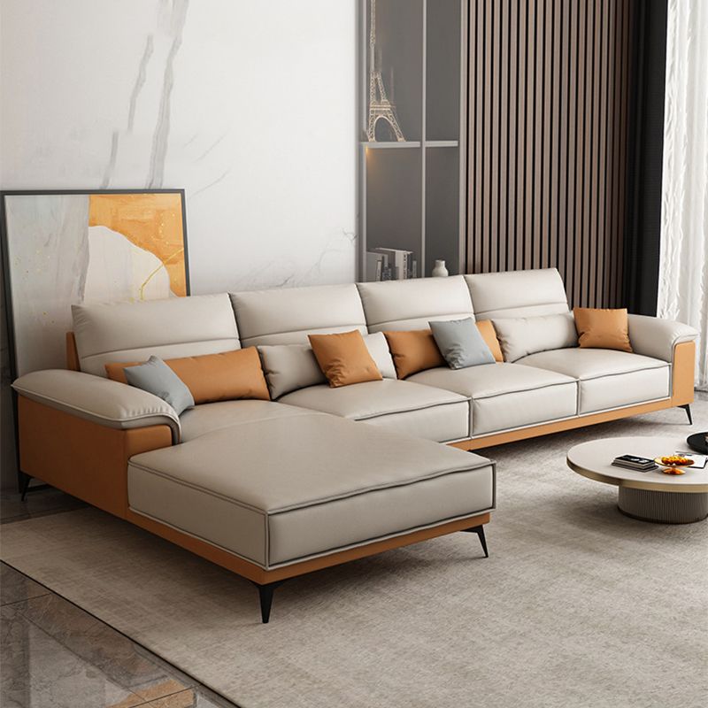 Pillow Top Arm Sectional Beige Faux Leather Sectional with Pillows