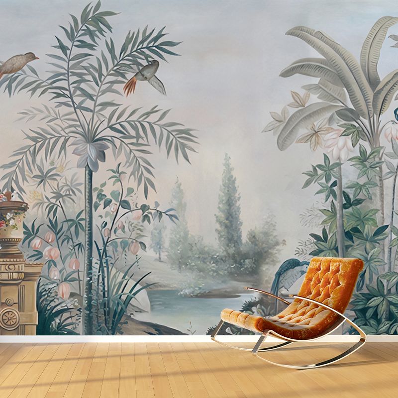 Full Size Misty Jungle Mural in Blackish Green Non-Woven Fabric Wall Covering for Home Decor, Custom-printed