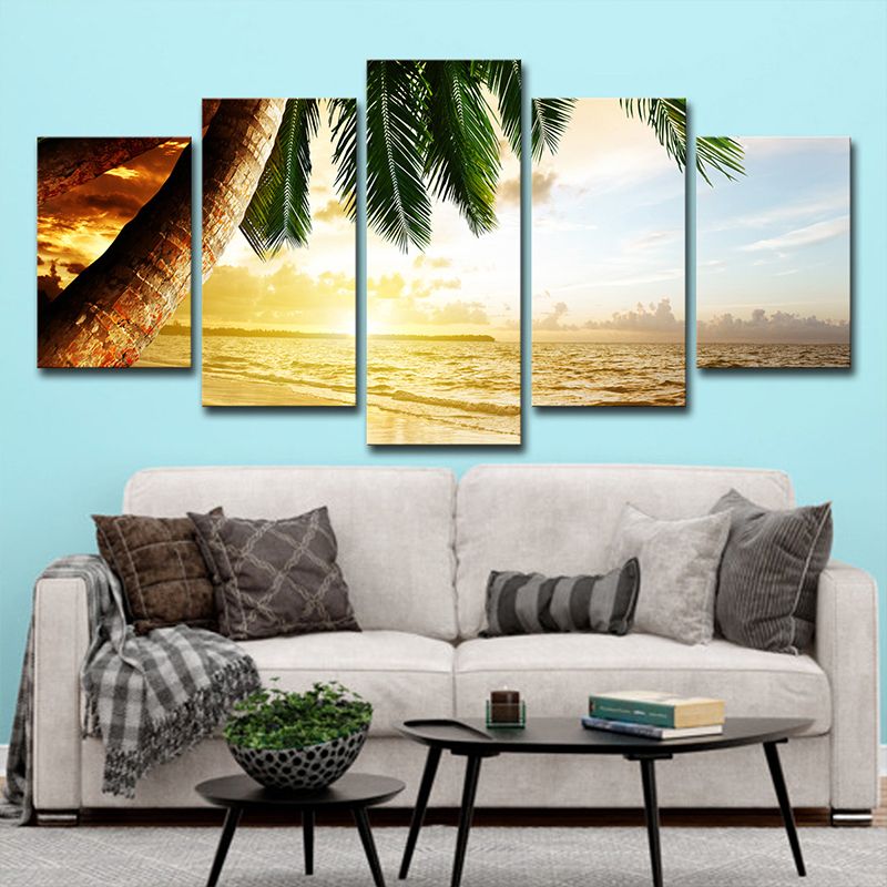 Beach Palm Tree Canvas Art Tropix Beautiful Sunset above Sea Scene Wall Decor in Gold