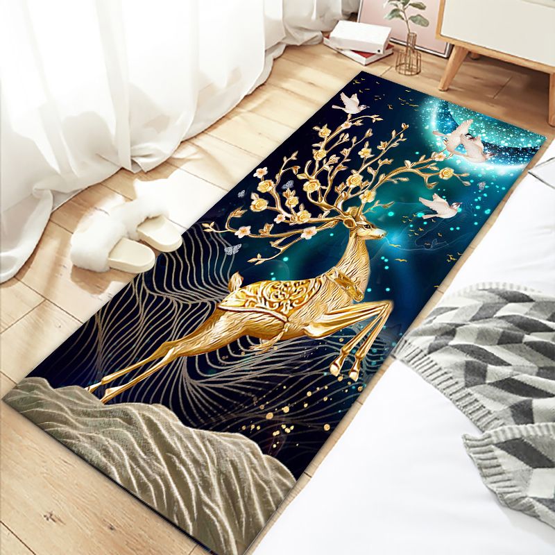 Stylish Modern Area Rug Blue Plant Pattern Area Carpet Polyester Non-Slip Rug for Bedroom