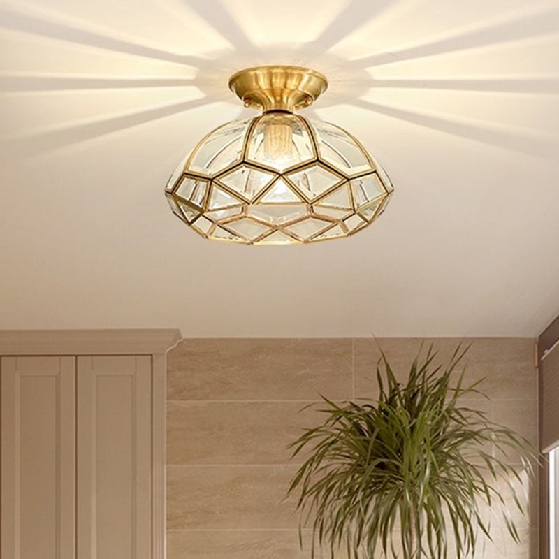 Ceiling Mounted Fixture Classic Style Shaded Glass Close to Ceiling Lighting Fixture in Brass