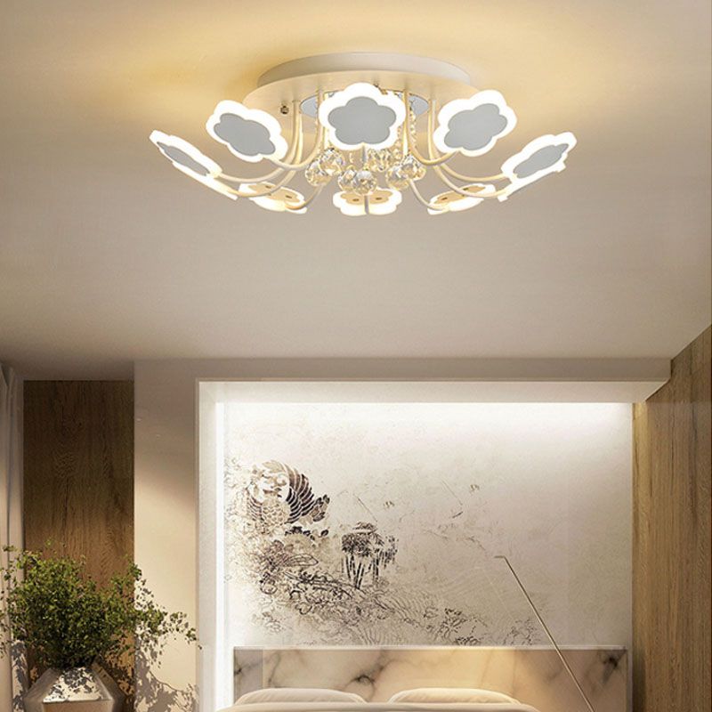Petal-Shape Semi Mount Light Modern Acrylic 23"/27" W LED Black/White Ceiling Lamp with Clear Crystal Draping, Warm/White Light