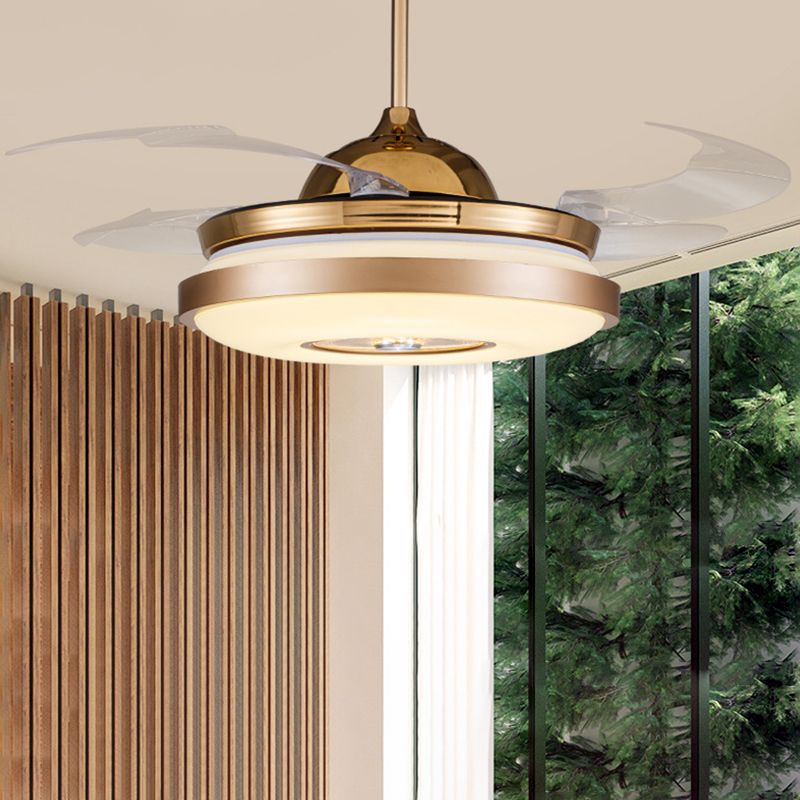Cirkel slaapkamer semi -spoelmontage minimalistische metalen led goudhangventilatorverlichting met 4 heldere messen, 36 "/42" breedte