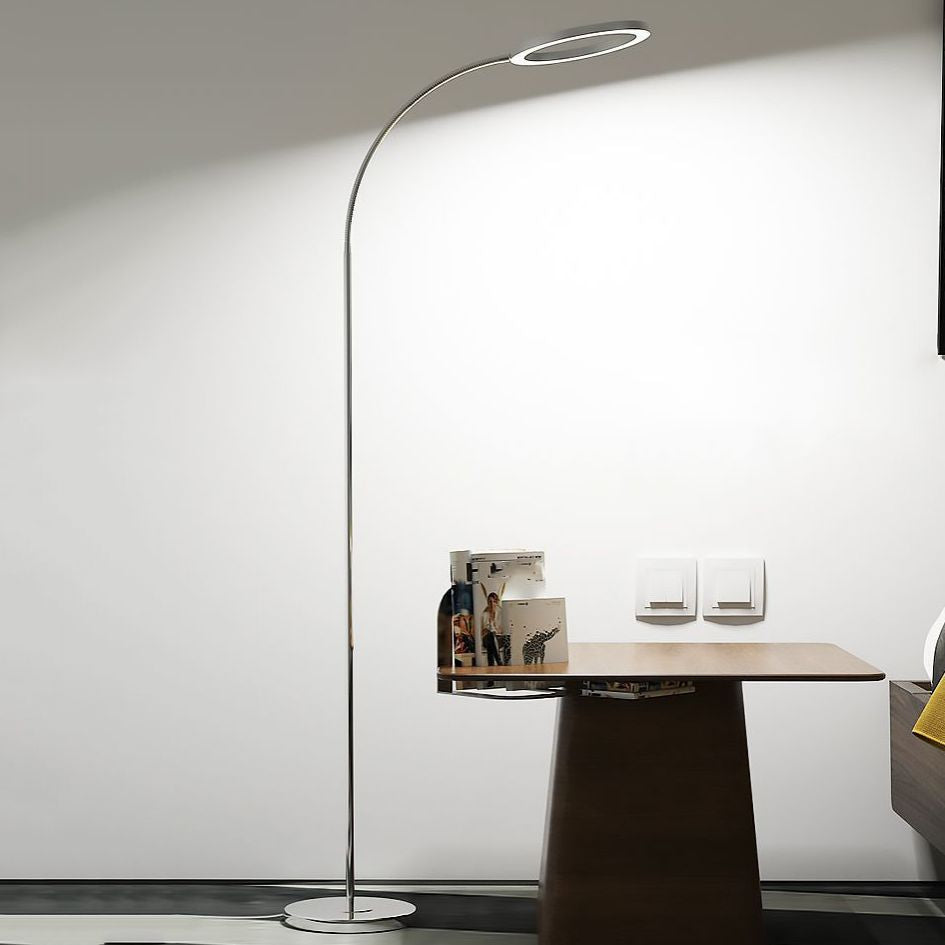 Aluminum O-shaped LED Floor Light Simple Silver Gooseneck Standing Light