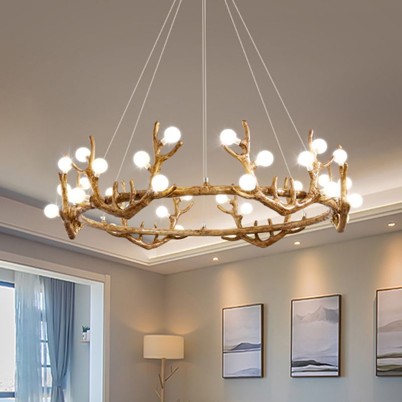 Antler Living Room Ceiling Lighting Vintage Resin Brown LED Chandelier Light with Ball Frost Glass Shade