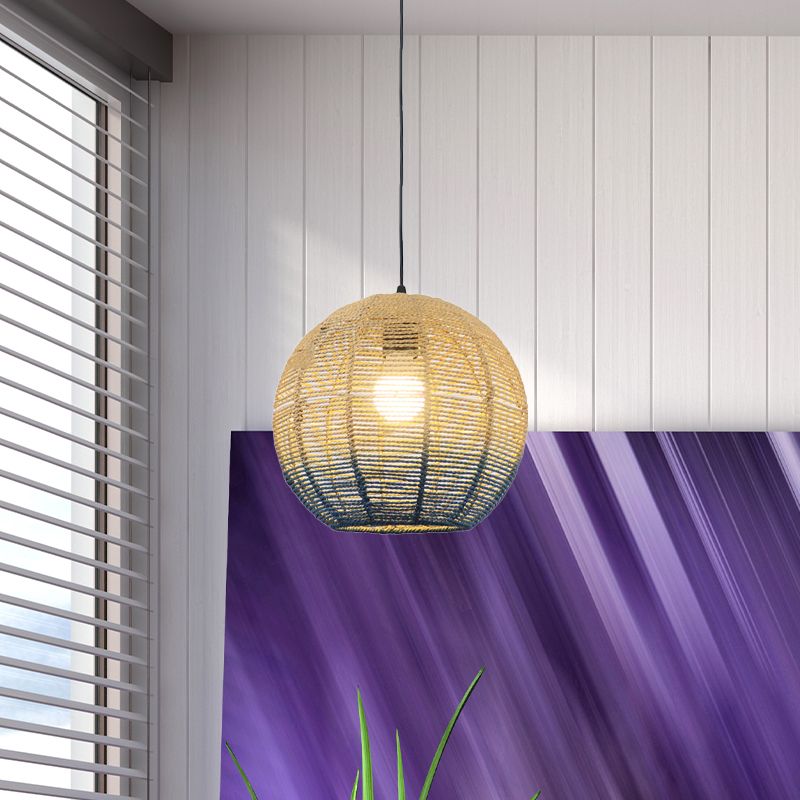 Globe/Elliptical/Barrel/Dome Pendant Lamp Chinese Straw Rope 1 Bulb Red/Blue Hanging Light for Bedroom Restaurant