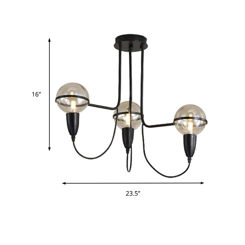 3 Lights Ceiling Lighting Traditional Globe Clear Glass Cluster Pendant in Black for Bedroom