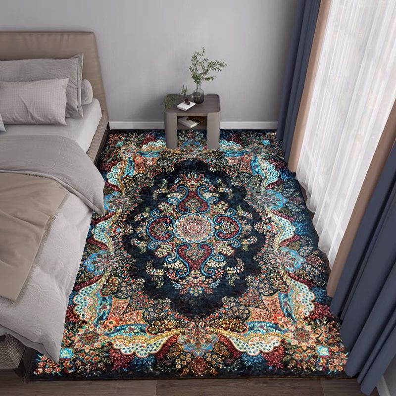 Blue Traditional Area Carpet Medallion Pattern Polyester Area Rug Anti-Slip Rug for Home Decor