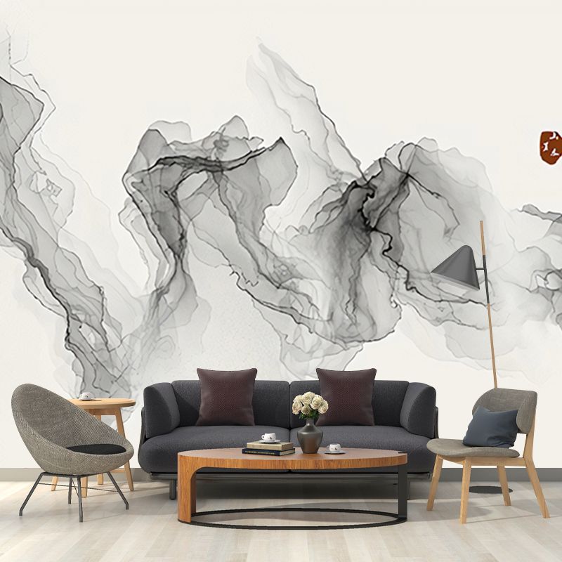 Traditional Wall Mural for Living Room with Grey Swirling Smoke Pattern, Made to Measure