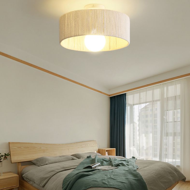 Rattan Fiber 1 Light Semi Flush Mount Ceiling Light Round Asia Semi Flush Mount Chandelier for Bedroom