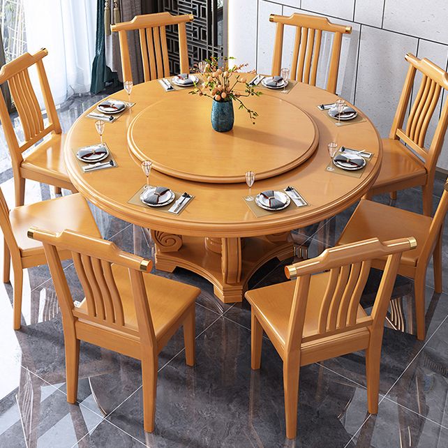 Round Solid Wood Dining Table Modern Turntable Furniture with Pedestal Base