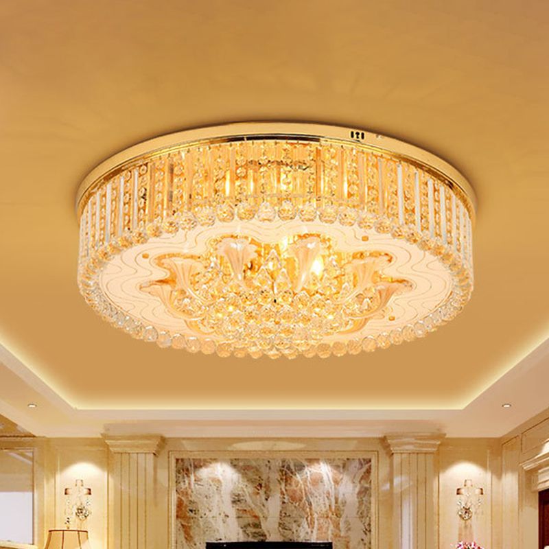 5 Heads Round Flush Light Fixture Modern Gold Clear Beveled Crystal Stands Ceiling Lighting