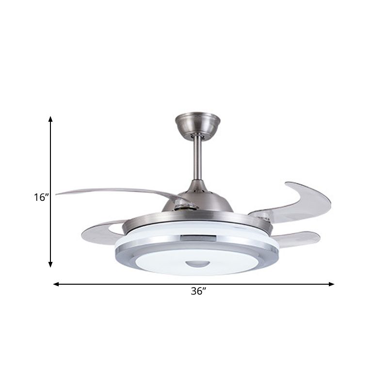 Cirkel acryl plafondventilator licht modernistisch 36 "W led woonkamer semi -flush mount in zilver met 4 messen, afgelegen/muurregeling/afstandsbediening en muurregeling