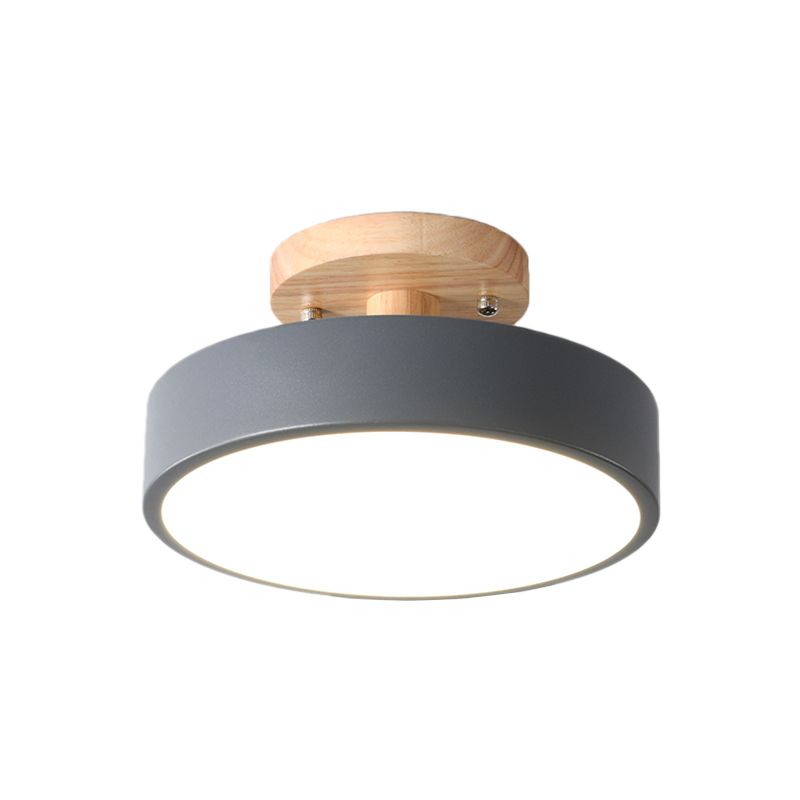 Iron Drum Flushmount Nordic White/Green/Grey Finish LED Semi Close to Ceiling Light with Wood Canopy for Corridor