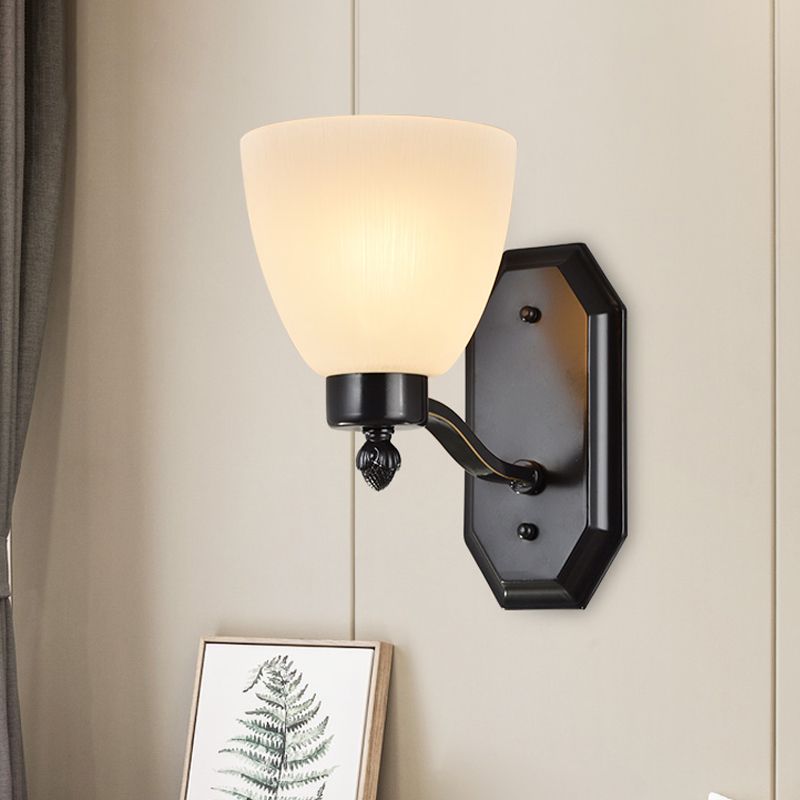 Bud Living Room Wall Light Traditional Ivory Glass 1/2-Bulb Black Wall Sconce Lighting Fixture
