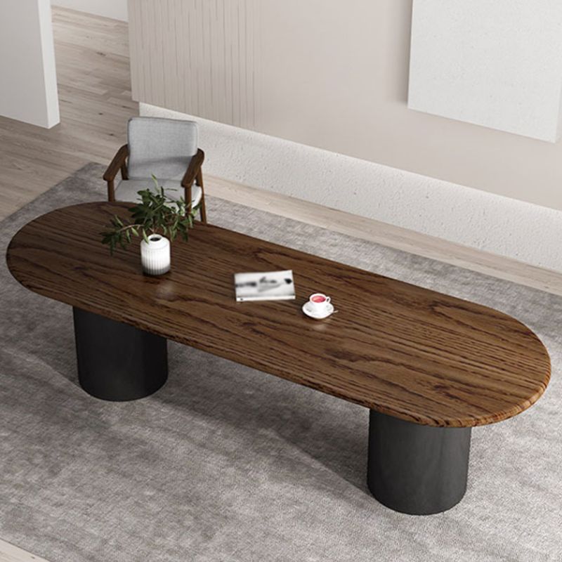 Table de salle à manger en bois foncé ovale Tableau de bois massif moderne avec piédestal double