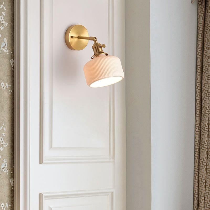 Gold Modern Metal Wall Sconce Geometric Shape Sconce Lights with Ceramic Shade