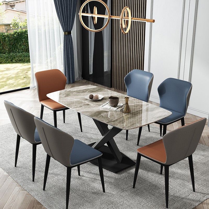 Modern Pedestal Casual Dining Table Stone Top Black Frame Dining Site Table