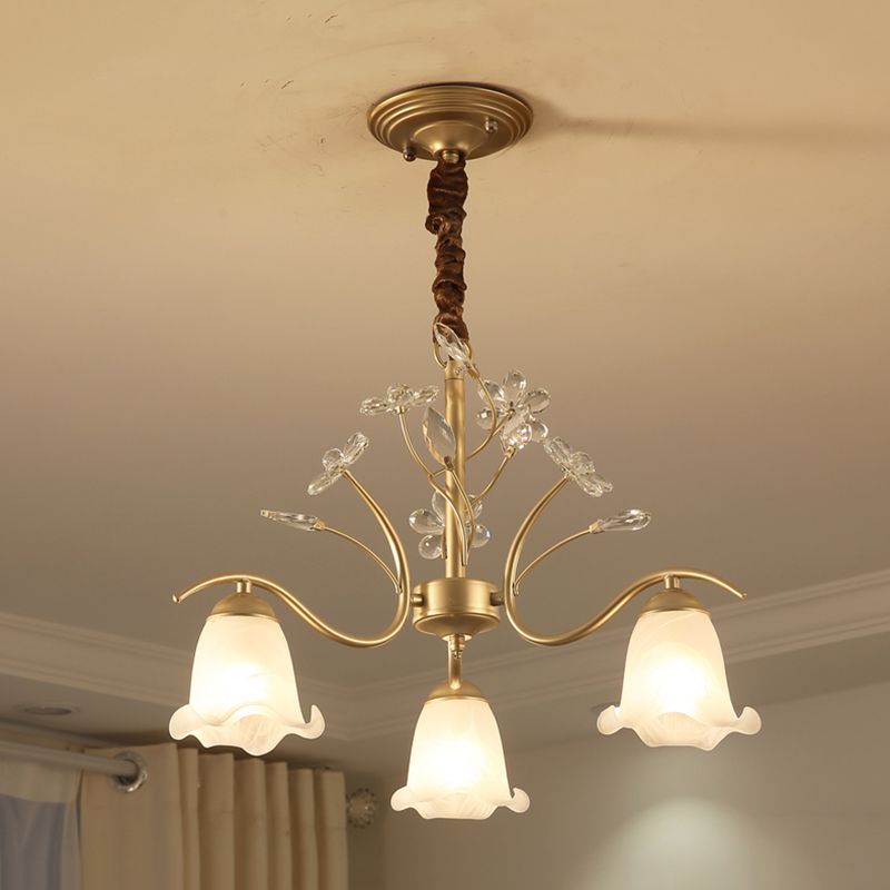 Antique Scalloped Chandelier 3/6/8-Light Ruffle Glass Pendant Light Fixture in Gold with Crystal Accent