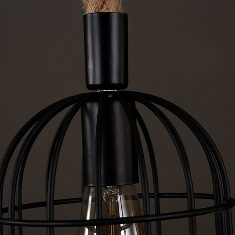3 - Light Industrial Kitchen Island Lighting Metal & Hemp Rope Ceiling Fixture in Black