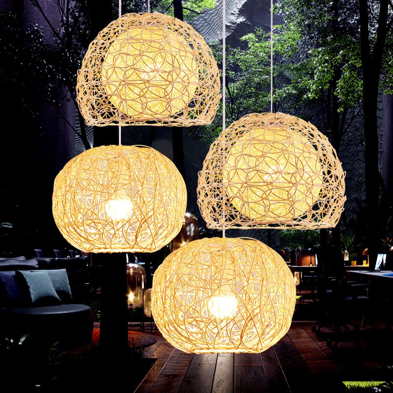 Wood Handcrafted Suspension Lighting Minimalist Single Bamboo Pendant Ceiling Light