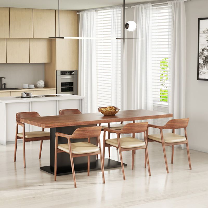 Brown Walnut Top Dining Table Modern Rectangle Black Metal Pedestal Table