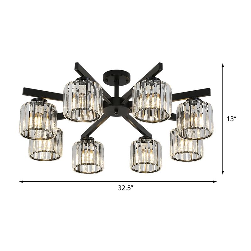 8 Heads Living Room Semi Flush Mount Minimalist Black Close to Ceiling Light with Cylinder Crystal Shade