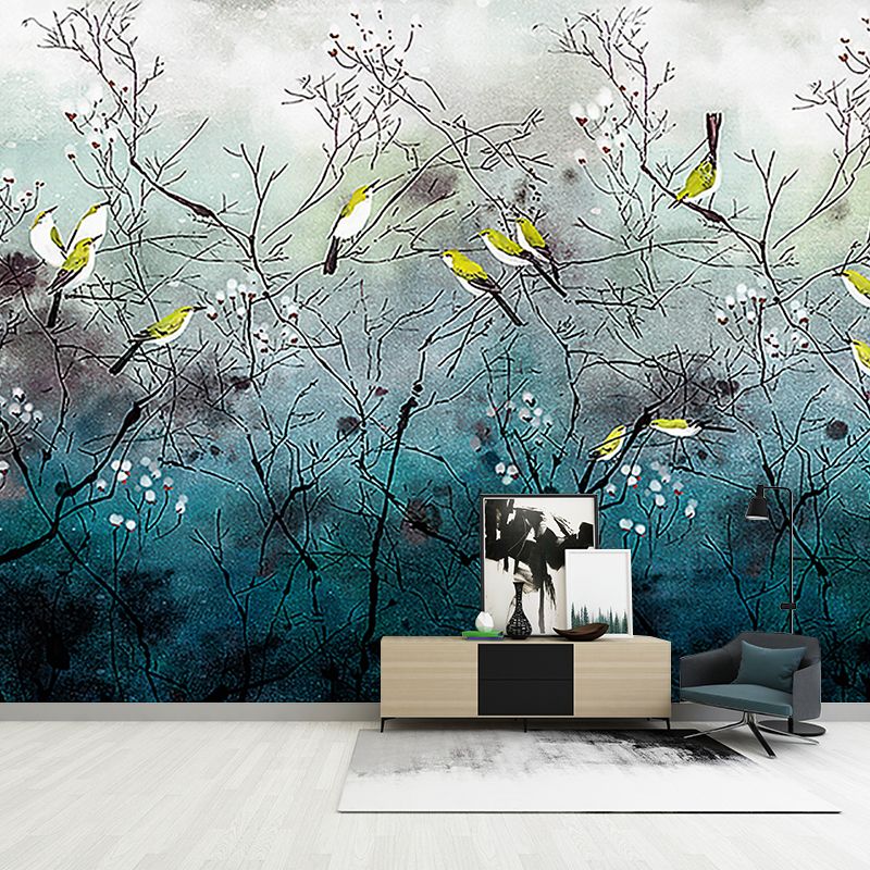 Illustration Bird on Branches Mural Large Wall Decor for Living Room, Made to Measure