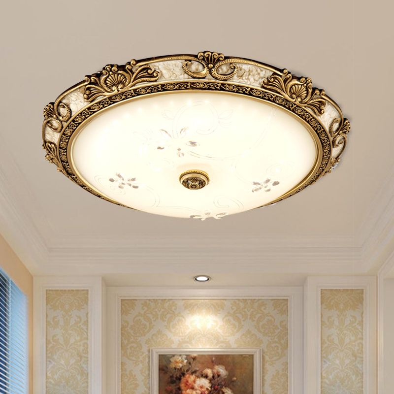 Brass LED Flushmount Light Vintage Style Cream Glass Bowl Shape Flush Lamp Fixture in Warm/White Light, 13"/16"/19.5" Wide