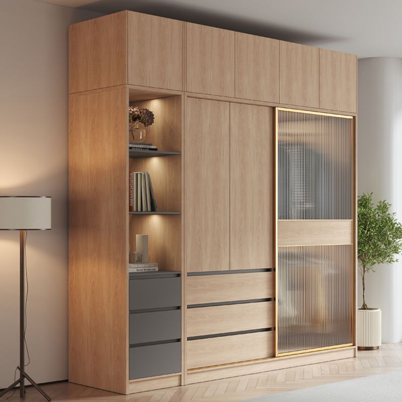 Contemporary Glass Sliding Doors Wardrobe Natural Wood Wardrobe with Drawers
