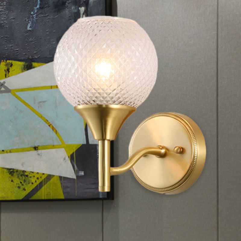 Spherical Corridor Wall Mounted Lighting Colonialist Clear Ribbed Glass 1-Light Gold Sconce