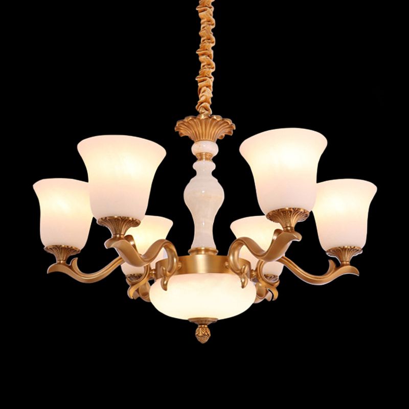 Bell met 6 licht omhoog kroonluchter lamp vintage koperen crème glazen hanglamp lampje voor slaapkamer