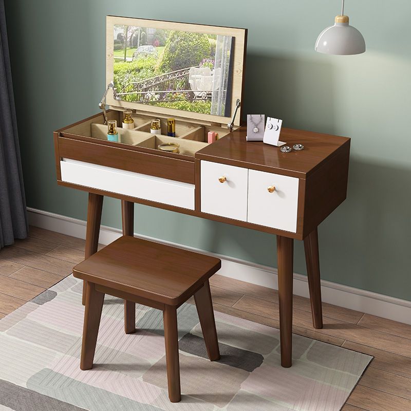 Flip Single Mirror Vanity Desk 3 Drawers Rubber Wood Dresser