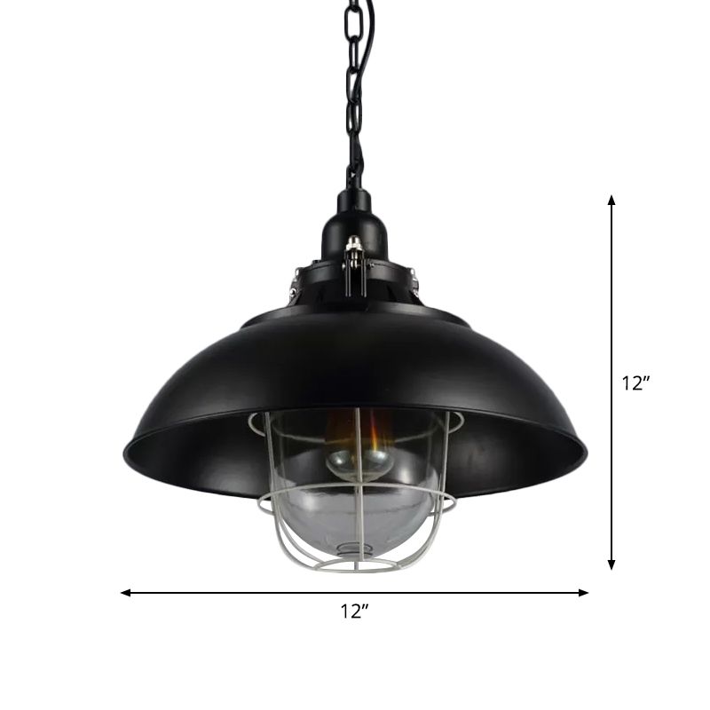 12"/16" W Bowl Metal Pendant Lighting Rustic 1-Light Bistro Hanging Lamp with Wire Cage and Clear Glass Shade in Black