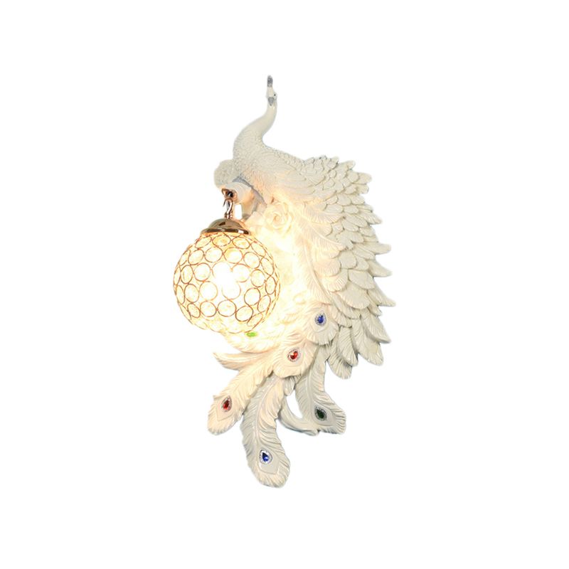 Double/Right/Left Peacock Wall Lamp Country Resin 1 Bulb Sconce Light Fixture with Clear Crystal Shade in White/Blue Finish, 1/2-Pack