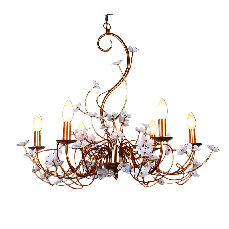 Gold Flower Shaped Chandelier Lamp Country Metal 6 Lights Living Room Hanging Light