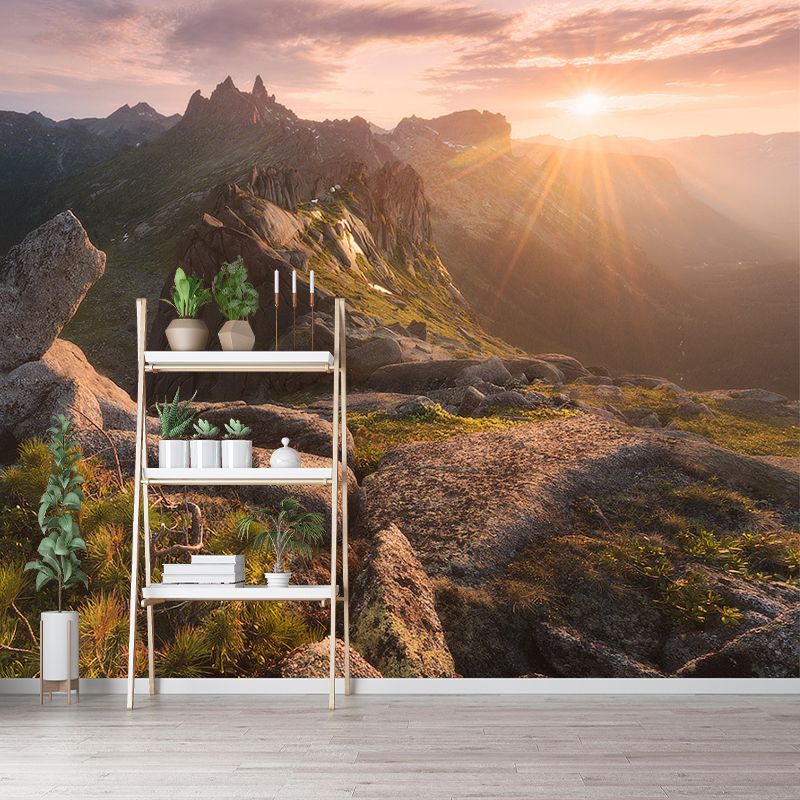 Large Mountain Sunset Landscape Mural Brown Non-Woven Fabric Wall Art, Washable, Optional Size