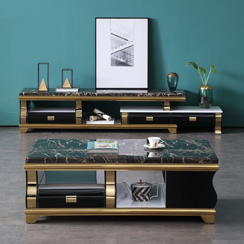 Marble Top Coffee or End Table with Storage Drawers Rectangle 4 Legs