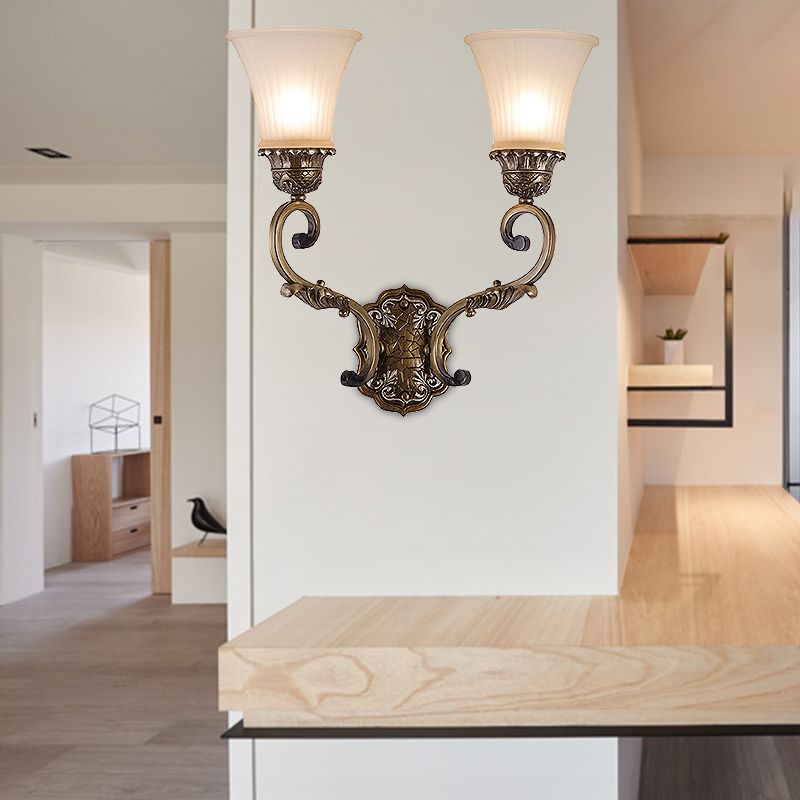 Metal Curvy Arm Wall Lighting Traditional 2 Lights Indoor Sconce Lamp in Brass with Bell White Glass Shade