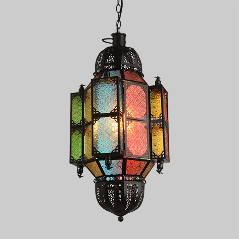 1 hoofd hangende verouderde balk hanglamp met lantaarn getextureerde glazen schaduw in zwart