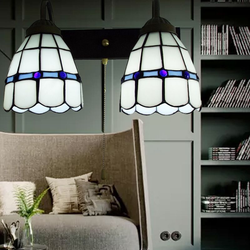 1 Head Sconce Light Tiffany Grid Patterned White Glass Wall Mounted Light with Pull Chain