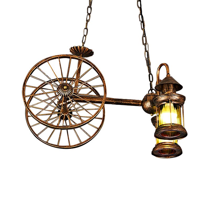 Rustic Stylish Wheel Design Hanging Lamp with Lantern Shade 2 Lights Metal Chandelier Lighting in Brass