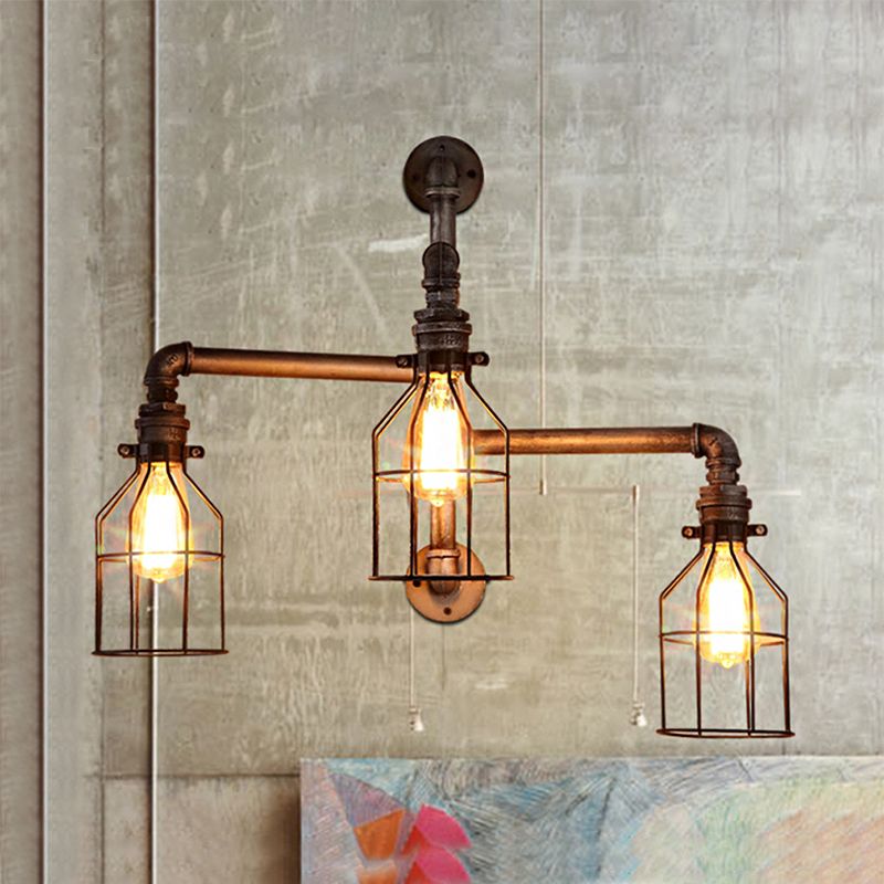 3 Lights Wire Guard Wall Lighting with Pipe Design Vintage Bronze Metal Sconce Light for Coffee Shop