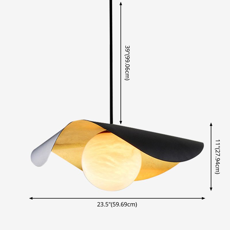 Black and Gold Inner Ruffle Pendant Postmodern 1 Bulb Faux Marble Hanging Light with Ball Glass Shade