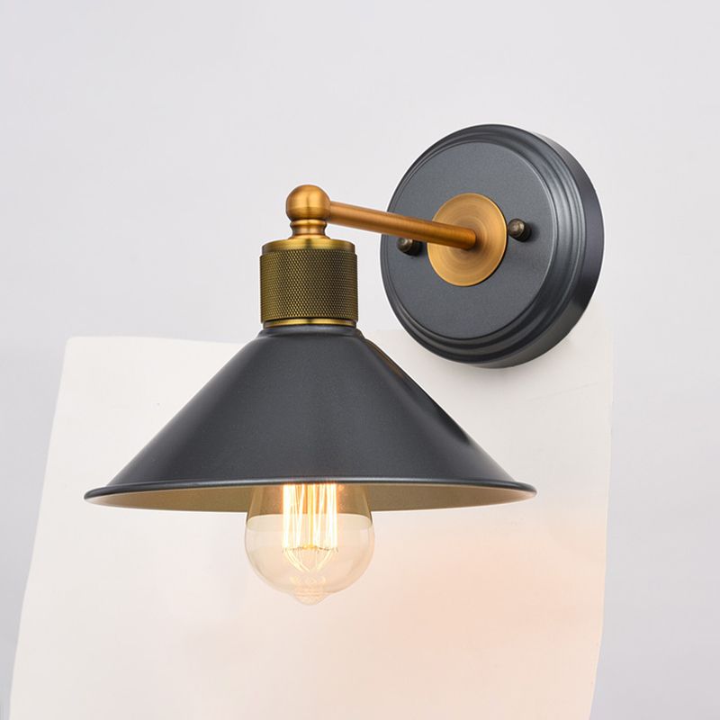 Cone Shade Wall Mounted Lamp Vintage Style Metal 1 Bulb Black and Gold Wall Sconce Lighting