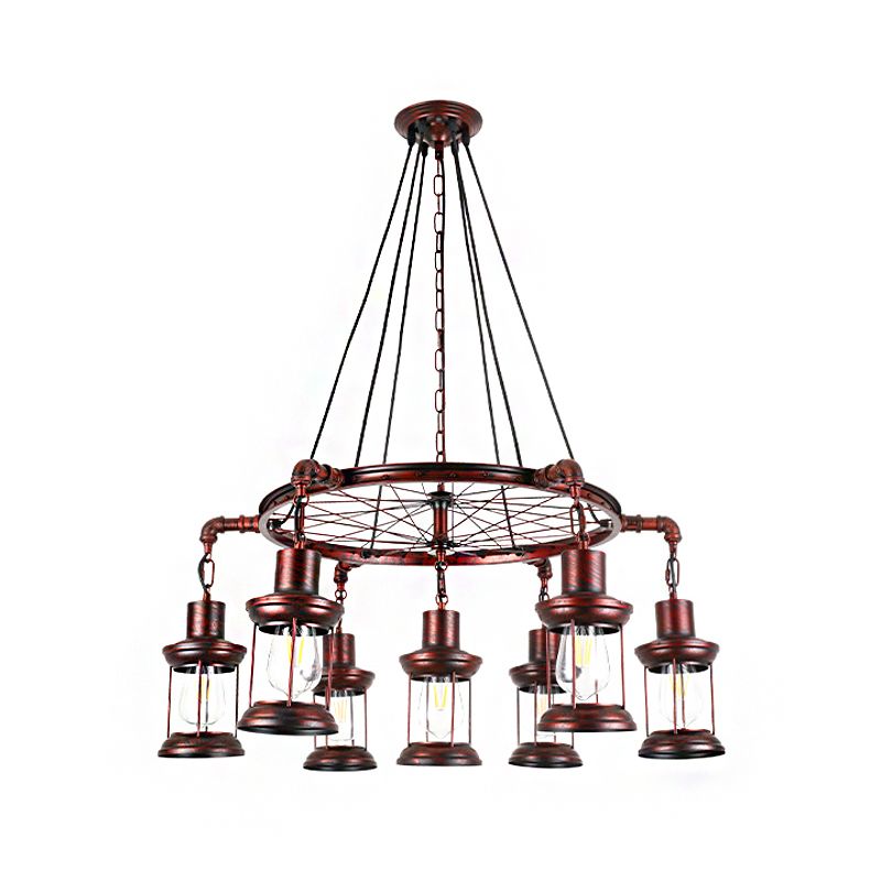 Weathered Copper 7 Lights Chandelier Light Fixture Coastal Metal Lantern Pendant Lamp with Gear/Circle