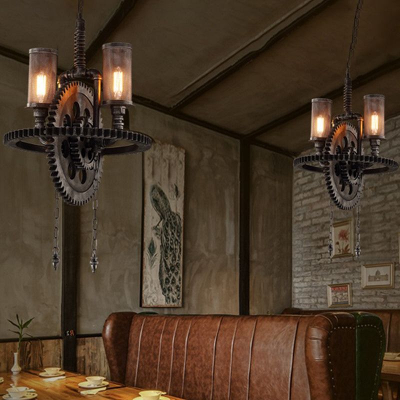 Industrial Vintage 2-Light Hanging Lamp Wrought Iron Inverted Pendant Light for Commercial Place