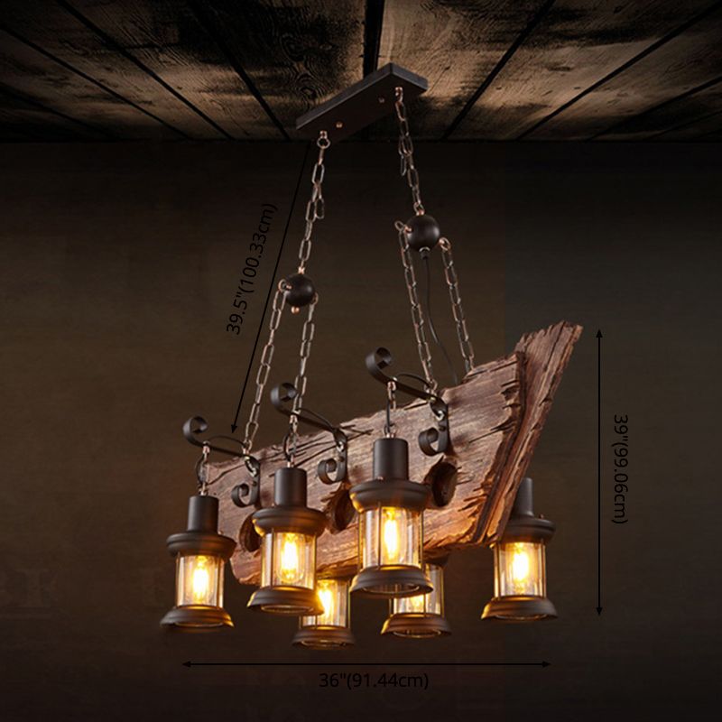 Wrought Iron Adjustable Island Pendant Light in Industrial Vintage Style Wooden 6-Light Ceiling Light for Dining Room