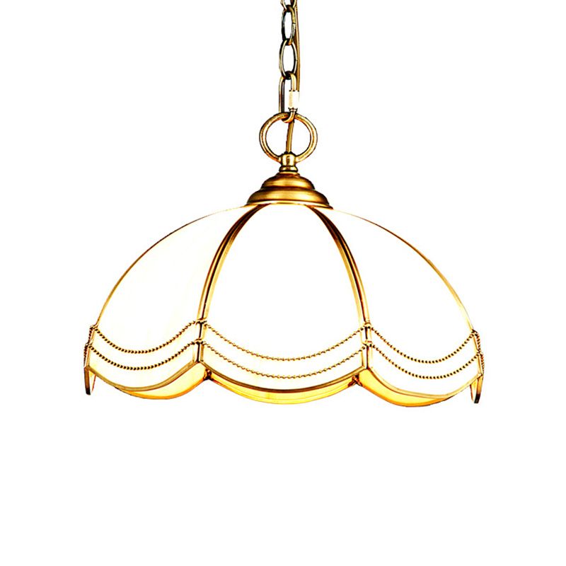 1 Head Textured White Glass Pendant Lamp Traditional Brass Scalloped Bedroom Hanging Ceiling Light