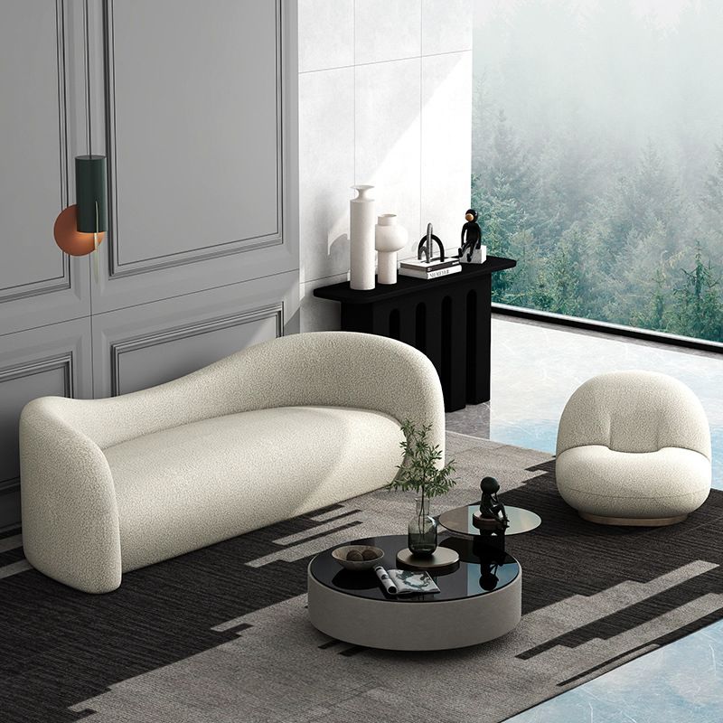 White Contemporary Curved Sofa Wool Tuxedo Arm Sofa for Living Room